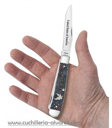 Navaja CASE U.S. Veteran Gift Set Embellished Smooth Natural Bone with Blue and Red Color Wash Trapper (In Velvet Box) CA16300