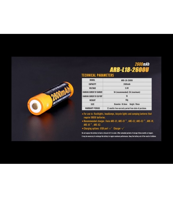 Fenix ARB-L18-2600U pila 18650 con puerto micro-USB, 2600 mAh